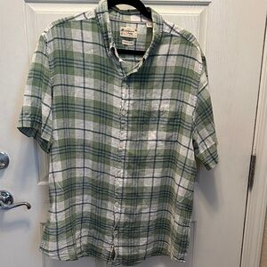 Weatherproof Vintage Men's Plaid Shirt in Green and White Washable Linen XL